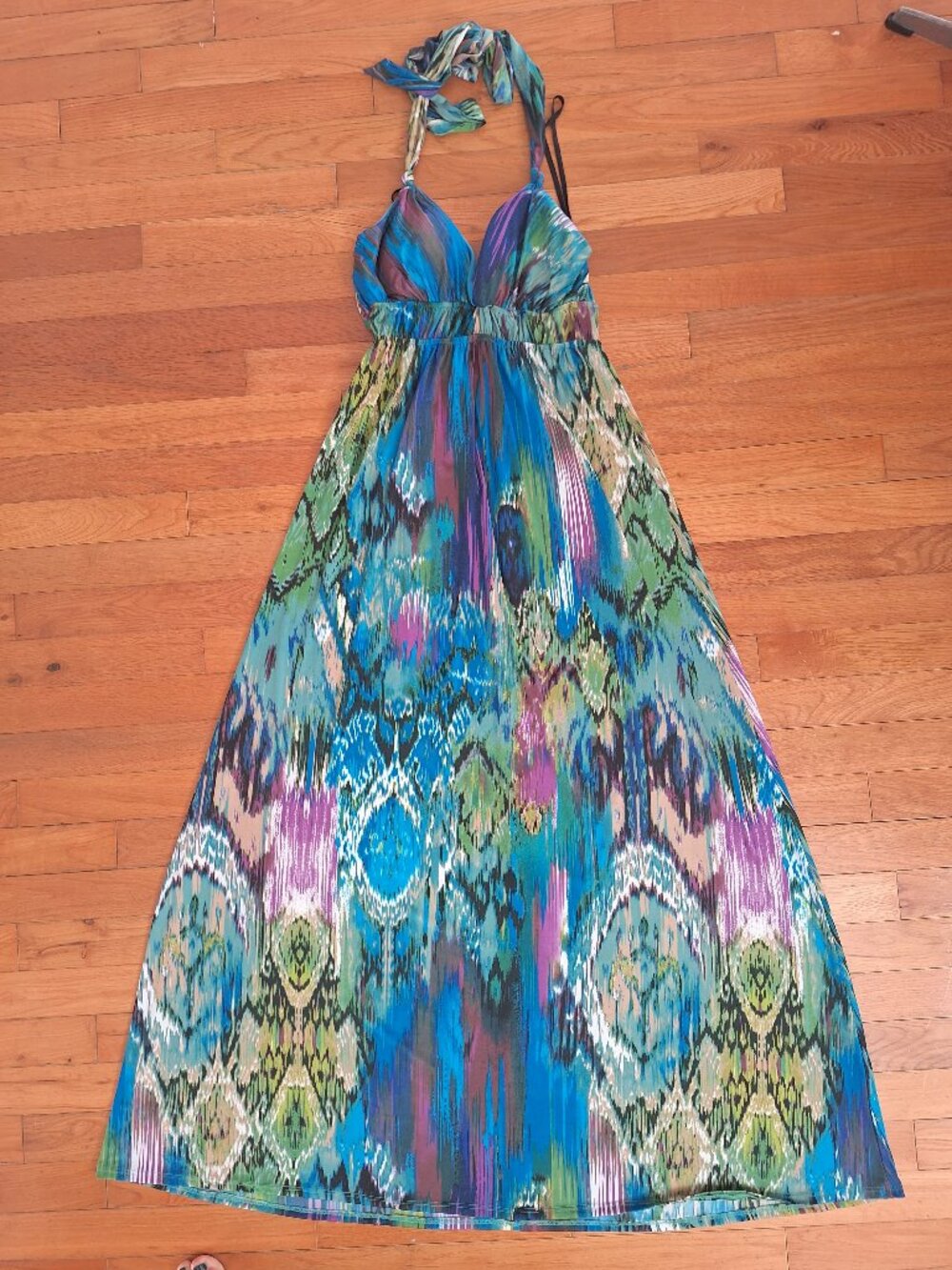 Topia Halter Maxi Dress Size Small Abstract Pattern Blues Purples Greens